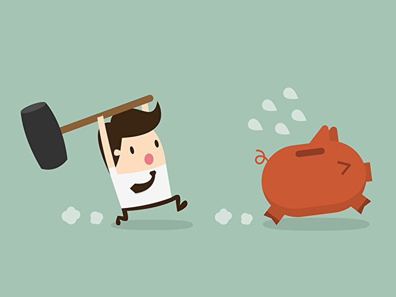 パチンコのイベント日を調べる際の注意点をイメージした画像。無計画に投資して資金を失うリスクをコミカルに表現している。