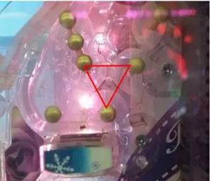 逆三角形の釘配置でC釘を動かすとAC間が広がるパチンコ釘の説明図