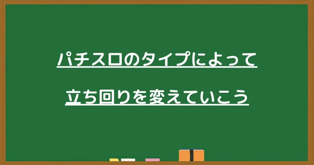 パチスロのタイプによって立ち回りを変えることを示す黒板画像